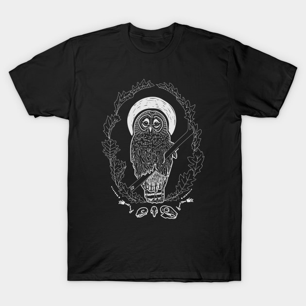 "Patron Saint of Dead Rodents" Barred Owl and Oak Leaves T-Shirt by Boreal-Witch